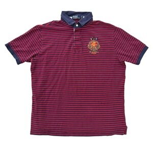 Vintage Polo Ralph Lauren Mens XL Red Navy Striped 381 Bleecker Crest Polo Shirt